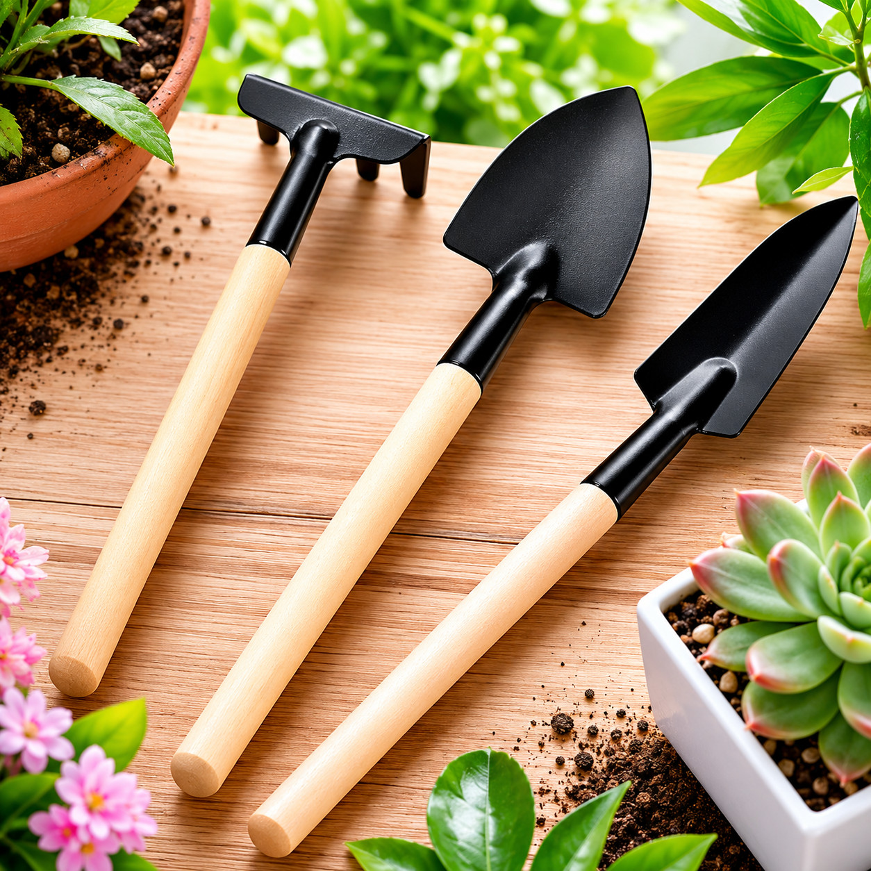 Mini Garden Tool Set Hand Trowel, Spade, Rake - Wooden Handl...