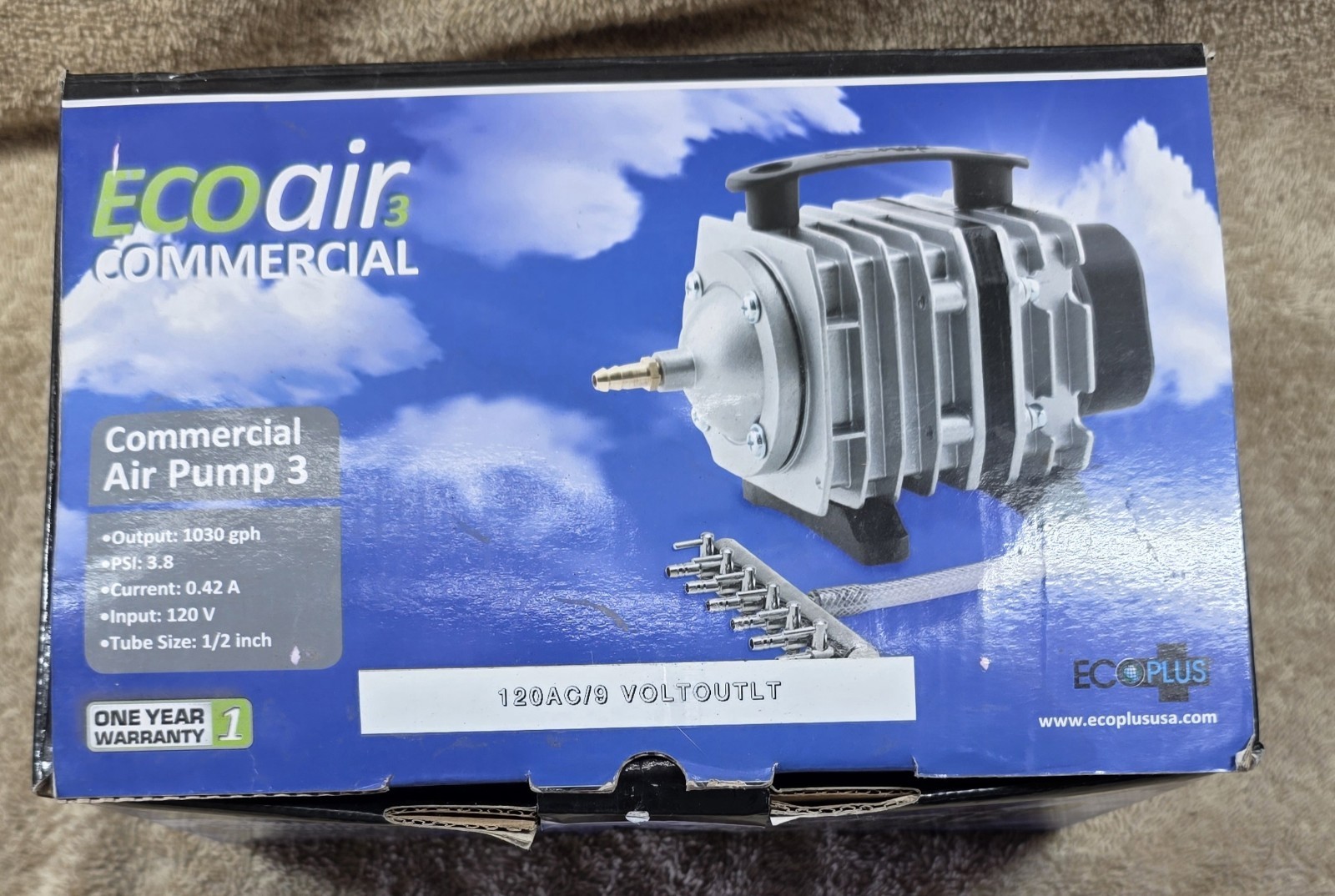 EcoPlus ECOair3 Commercial Air Pump - 1030 GPH Hydroponics S...