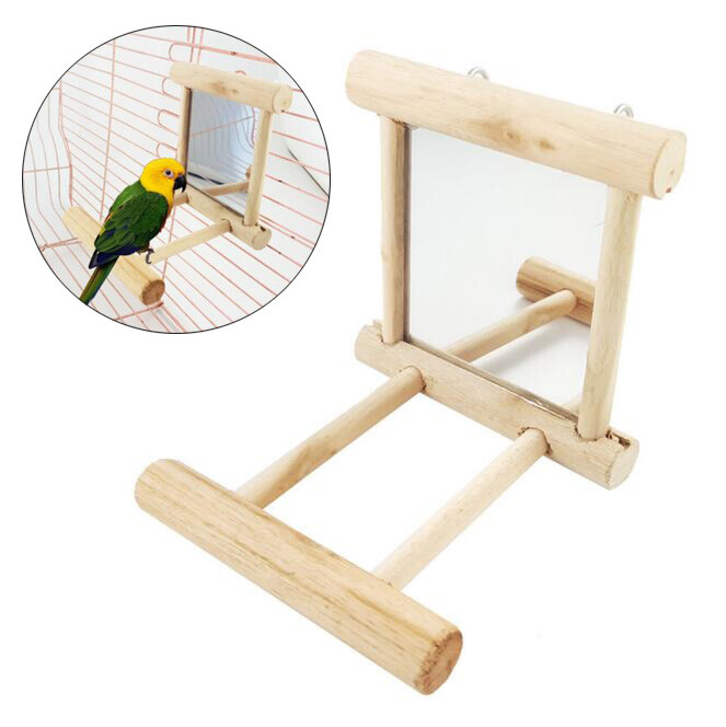 Bird Mirror & Perch Wooden Interactive Parrot Toy for Budgie...