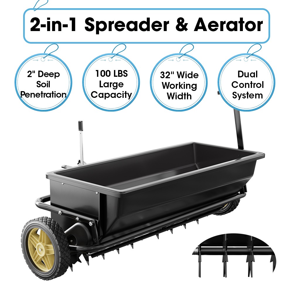 Garden Spreader & Soil Aerator - 100 lbs Capacity