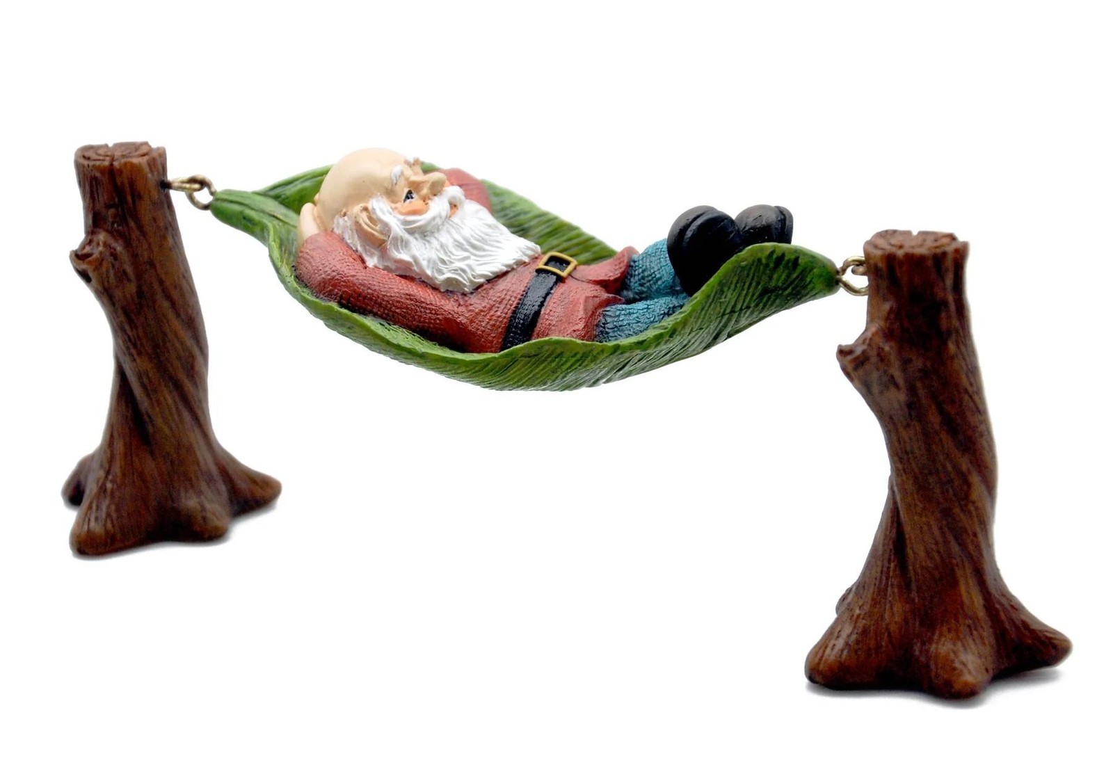 Miniature Fairy Garden Gnome Resting in Tree Trunk & Leaf Ha...