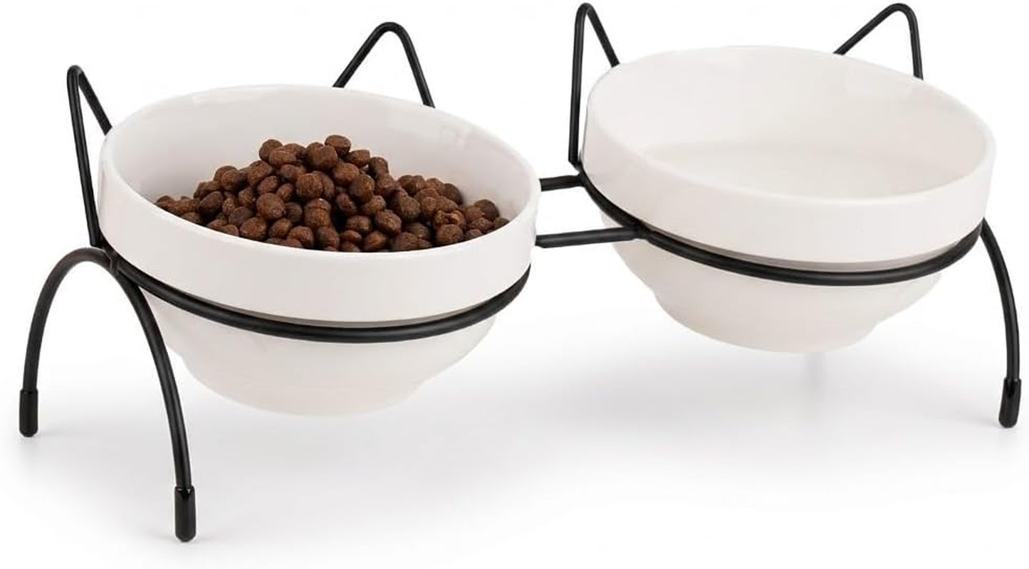 Double Ceramic Cat Food & Water Bowl Set Elevated Tilted Pet...