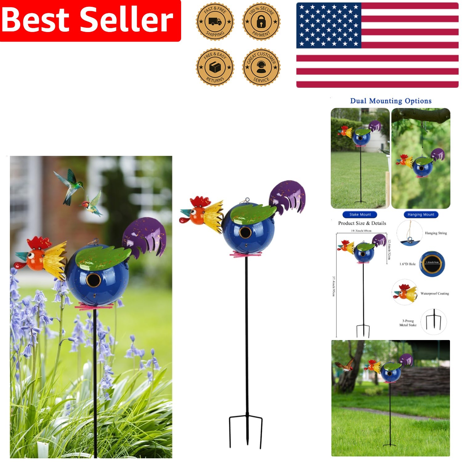 Metal Rooster Birdhouse Outdoor Garden Yard Hanging Stable