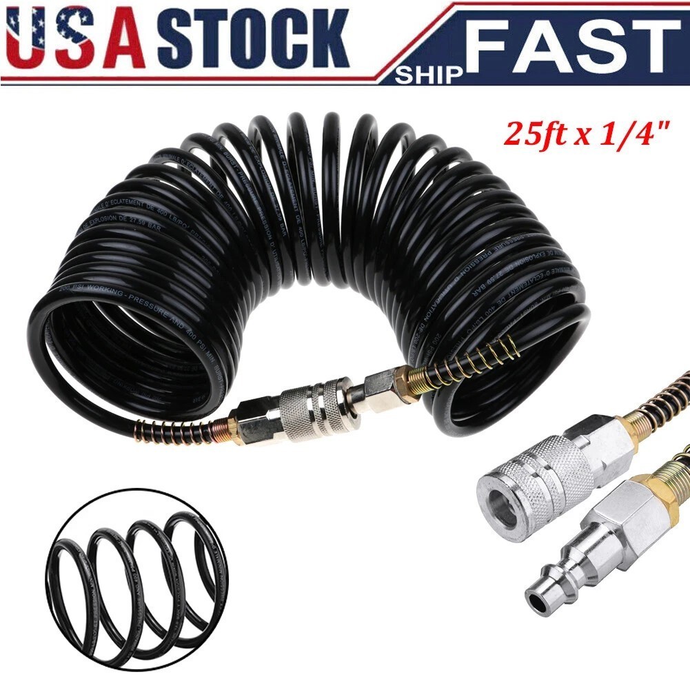 25ft 1/4" Recoil Air Hose Spring Ends Pneumatic Compressor 2...