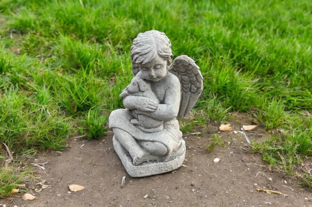 Concrete Angel Statue with Puppy Garden Memorial Cherub Dog...
