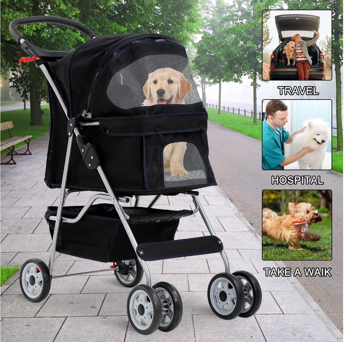 Foldable Pet Stroller - Dog & Cat Travel Cart - Black