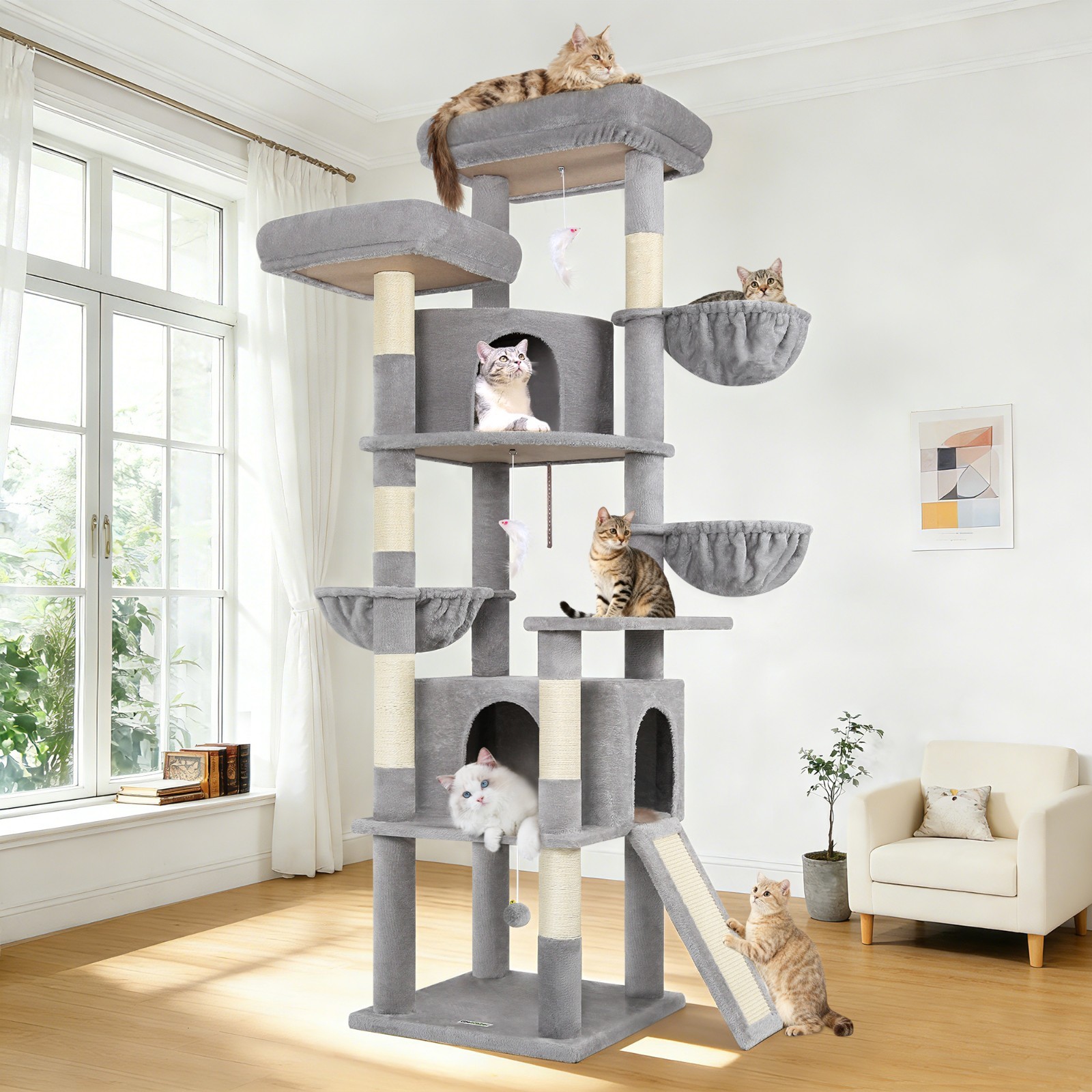 Cat Tree Tower, 76-In Extra Tall Multi-Level with Cozy Condo...