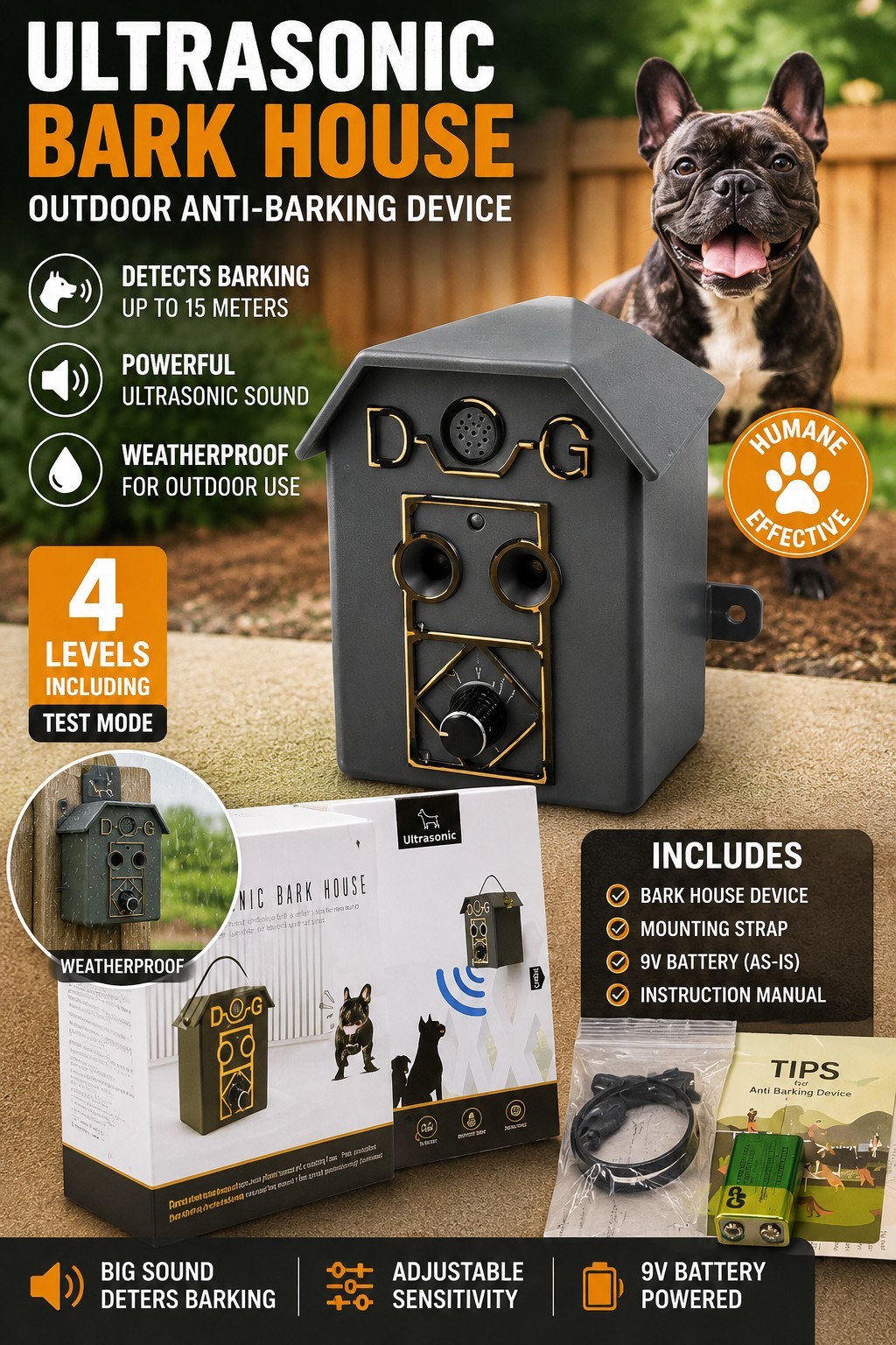 Ultrasonic Bark Repeller Outdoor Weatherproof Dog Control De...