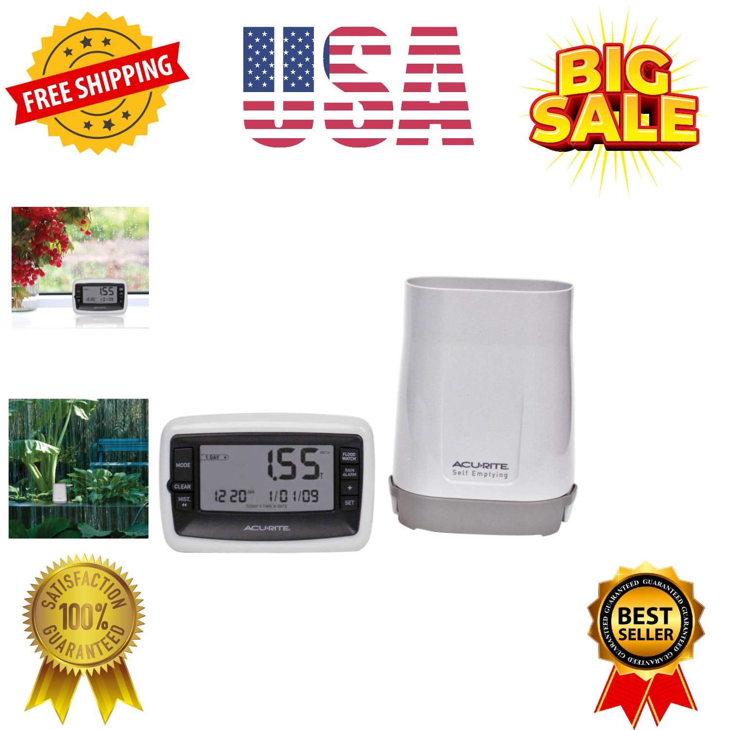 Wireless Digital Rain Gauge - Self-Emptying Collector - 12"...