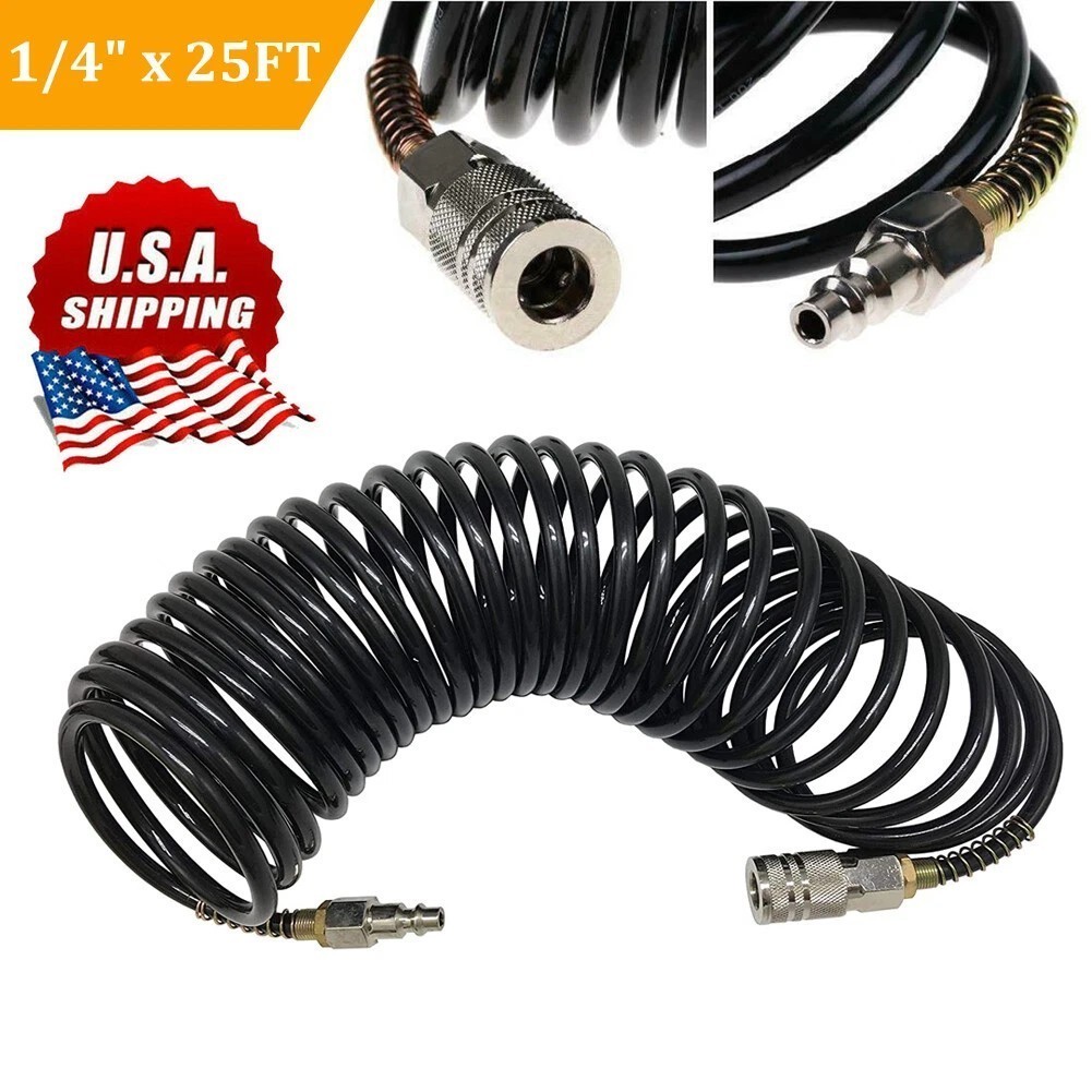 Recoil Air Hose 1/4" x 25 Ft Flexible Compressor Hose With Q...