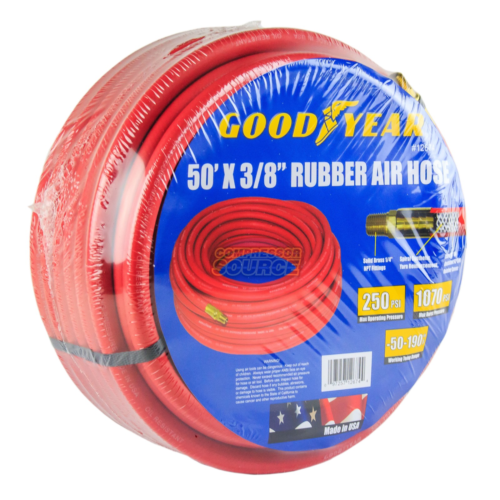 Goodyear 50' x 3/8" Rubber Air Hose 250 PSI USA Made