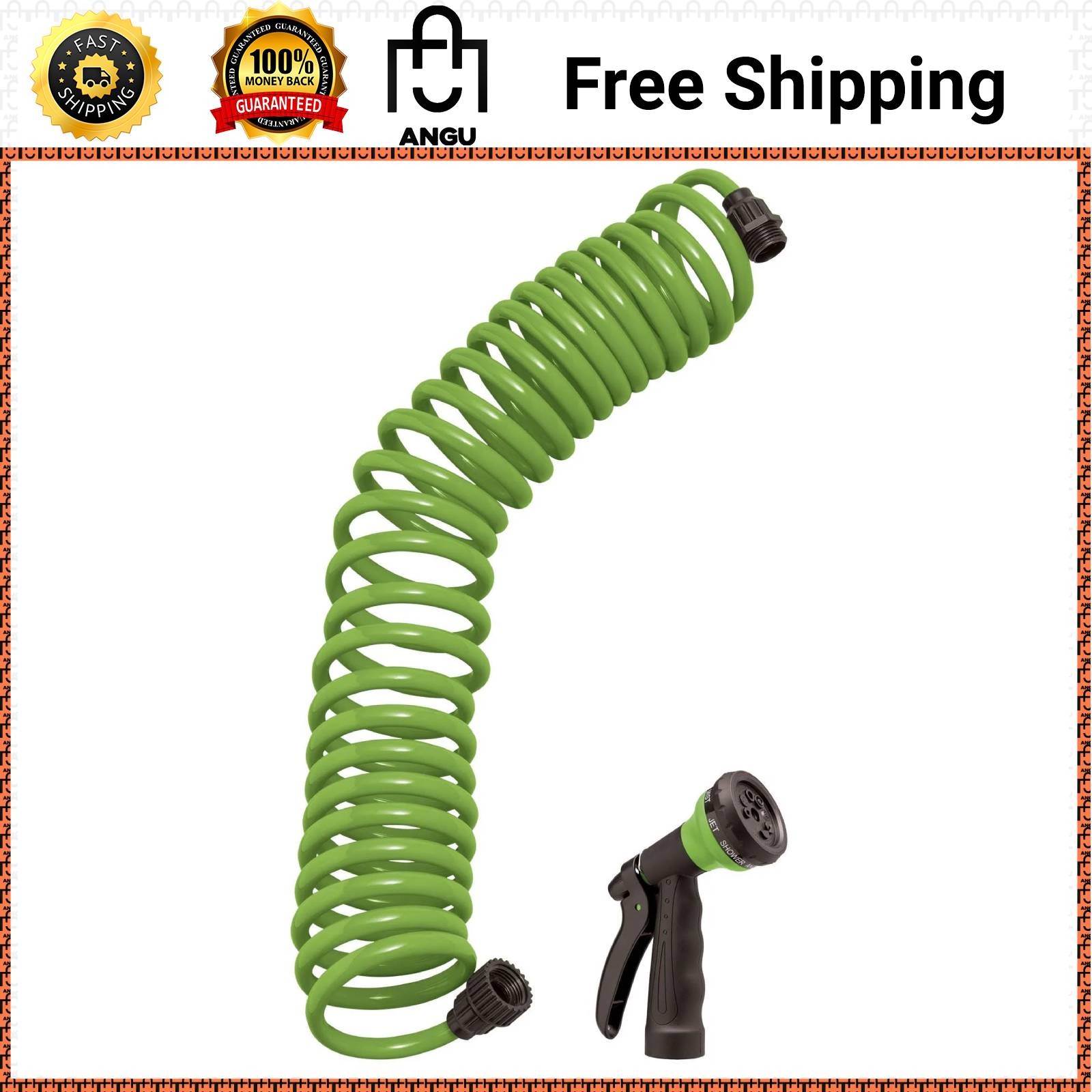 Orbit Green Coil Garden Hose, 25 Feet, 8-Pattern Nozzle