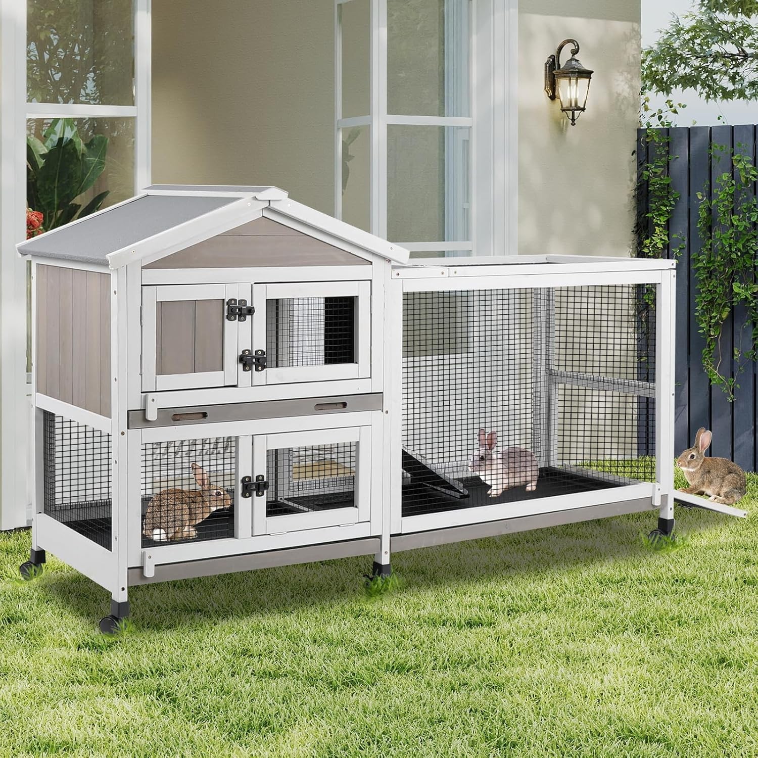 Petscosset Rabbit Hutch 2-Story Large Outdoor Indoor Bunny C...