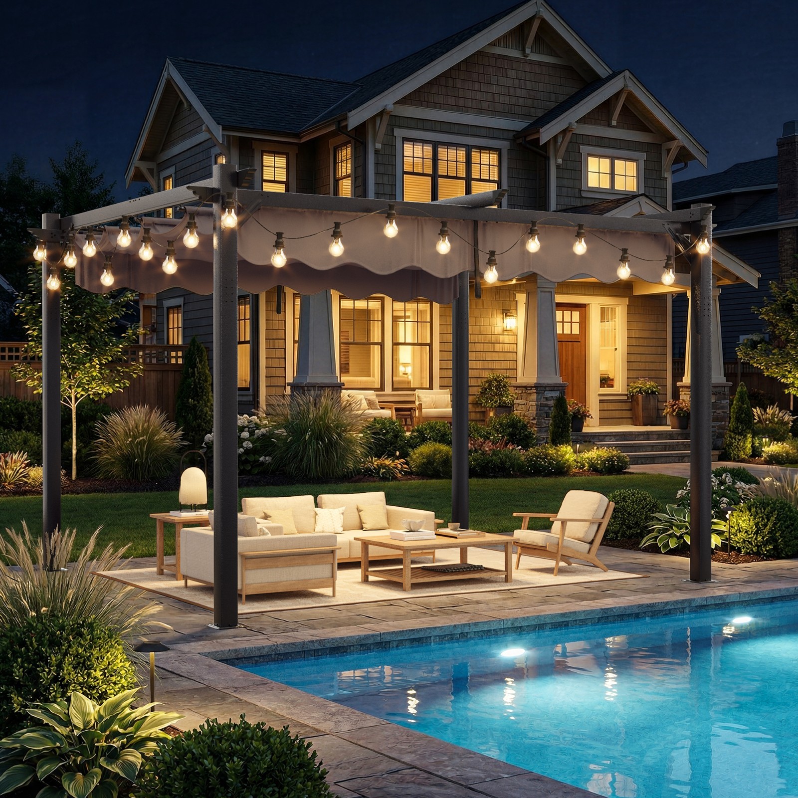 Outdoor Patio Pergola - Black, 10'x12' Retractable Sun Shade...