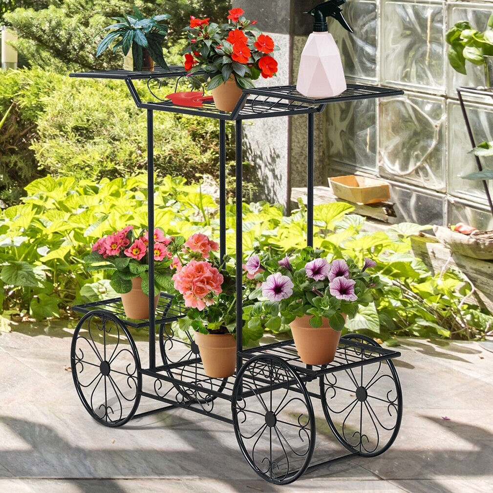 Wrought Iron 4-Wheel Flower Rack Garden Decor