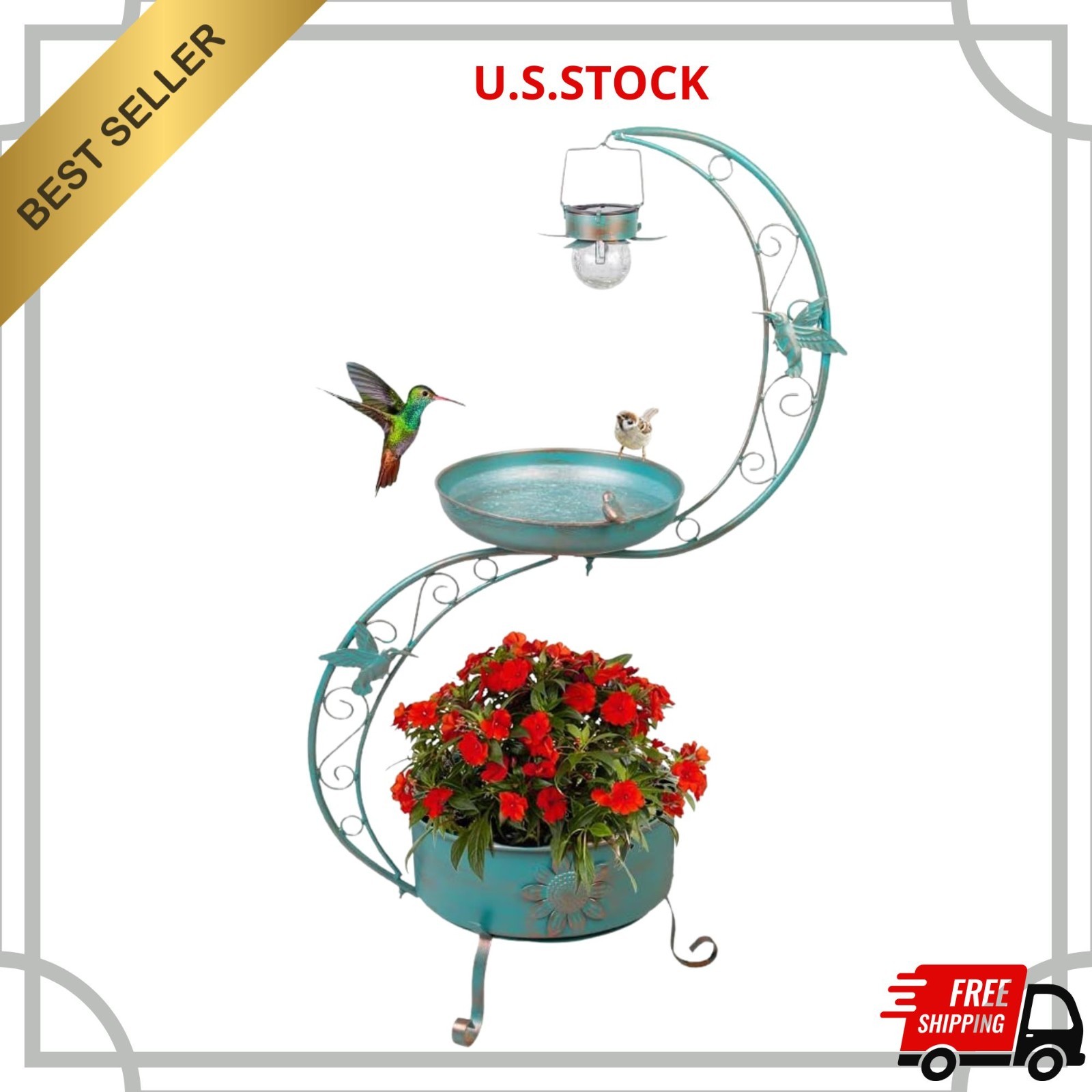 Bird Bath Flower Planter Pedestal Solar Light Vintage Garden...