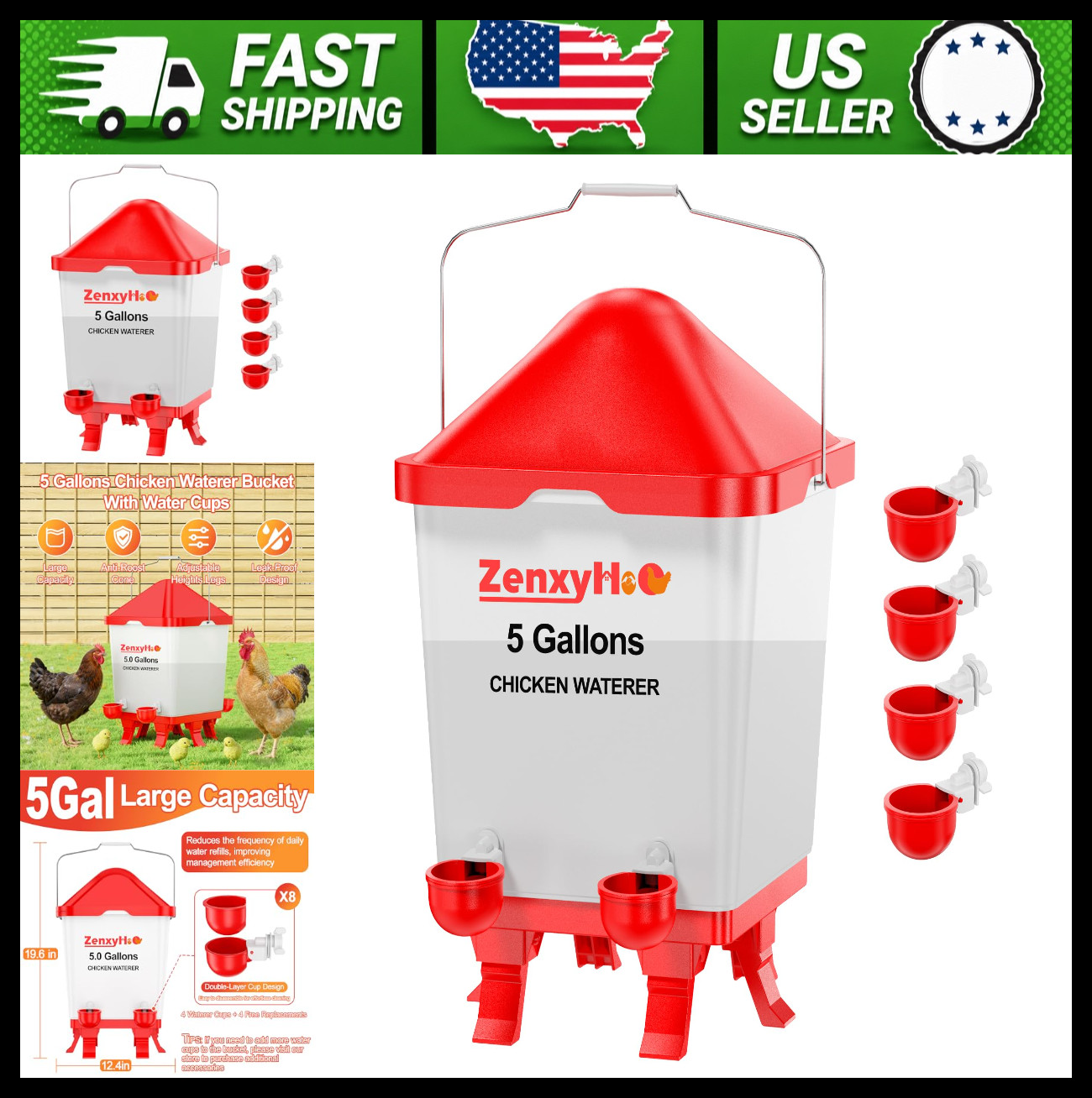 Chicken Waterer Bucket, 5 Gallon, 4 Cups, Adjustable Height