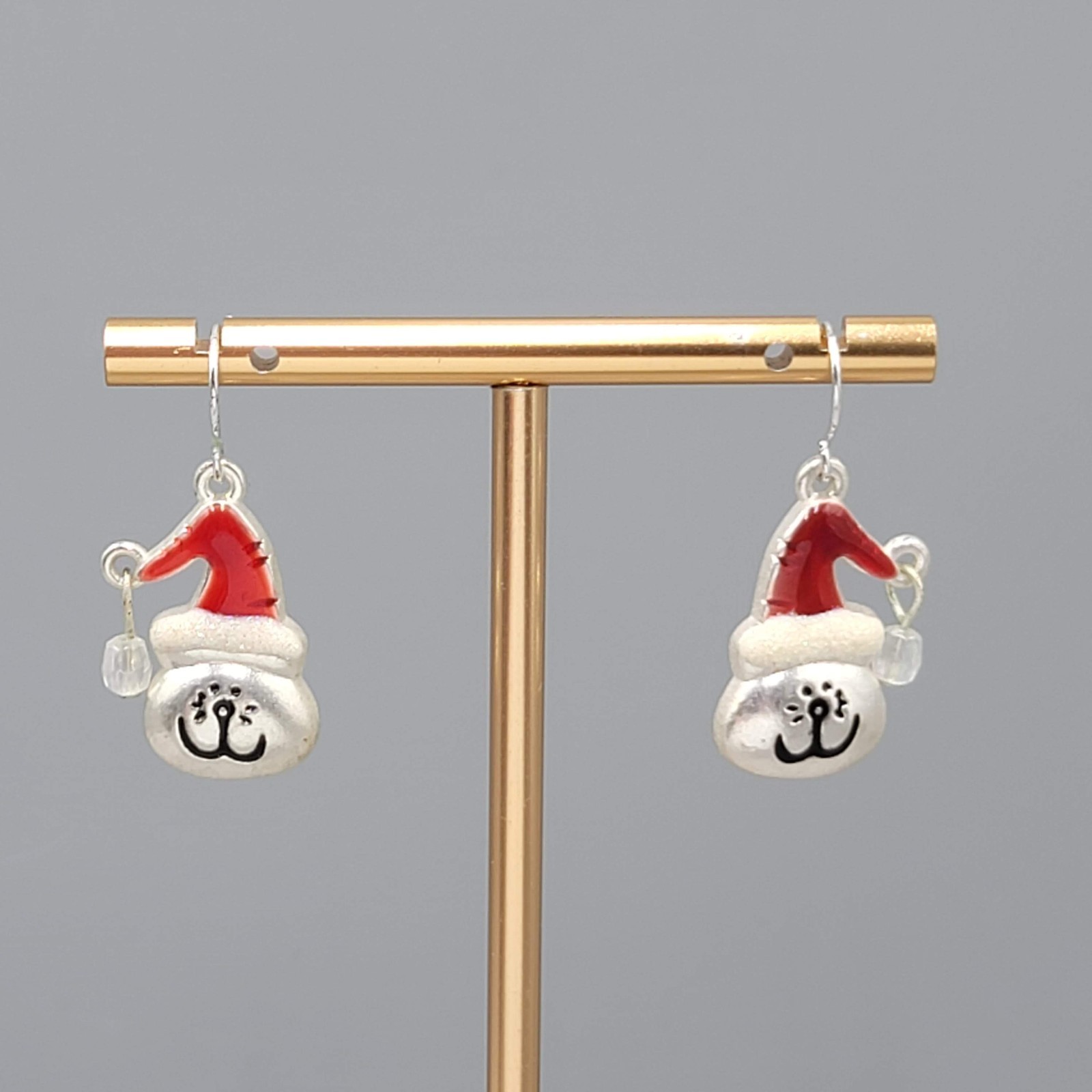 Christmas Kitty Cat Enamel Pierced Earrings Silver Tone Dang...