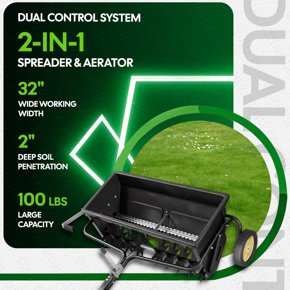 Heavy Duty Broadcast Spreader - 32" Tow-Behind Spike Aerator...