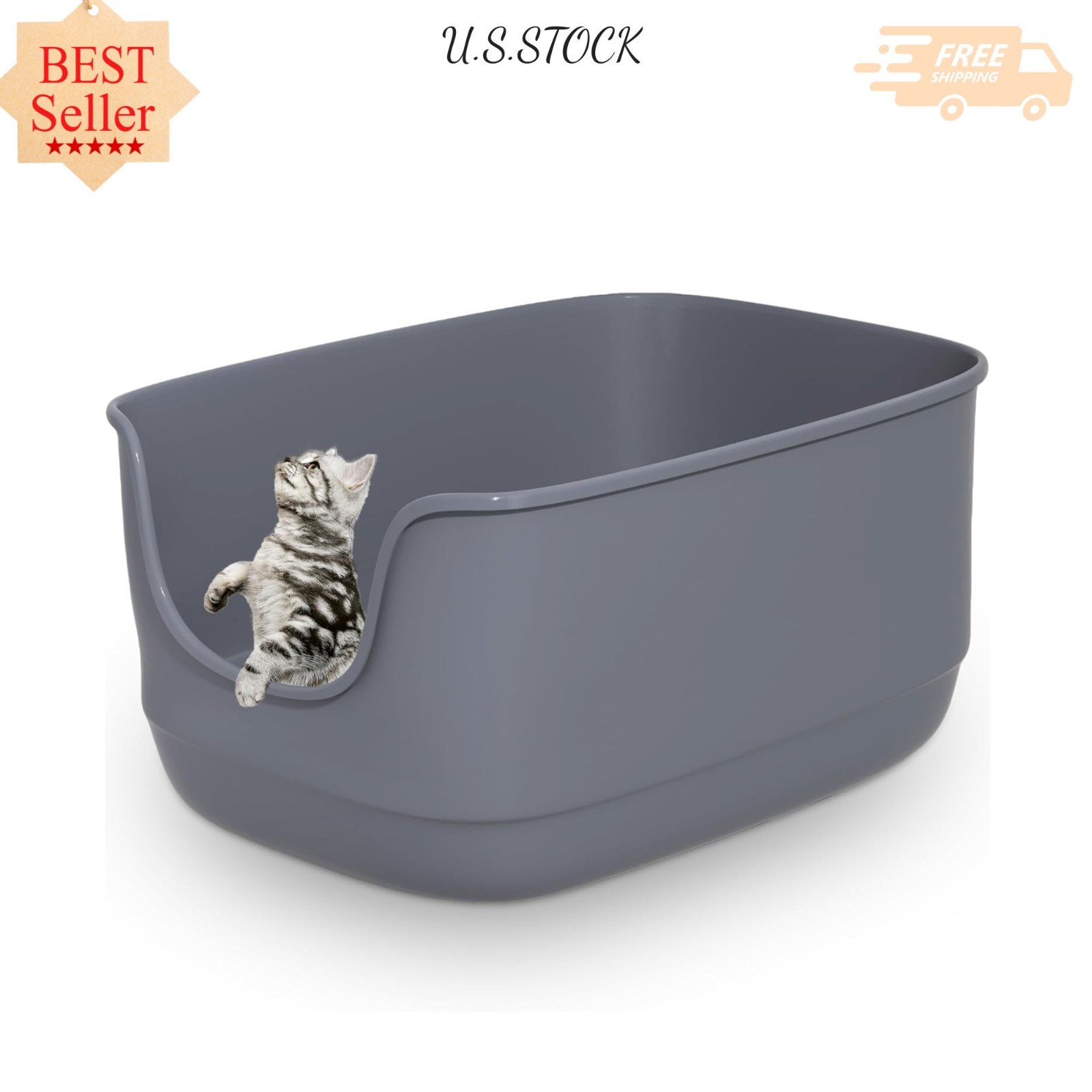 Litter Box High Sided 24.6x18.3x12.2 Anti-Splash Grey