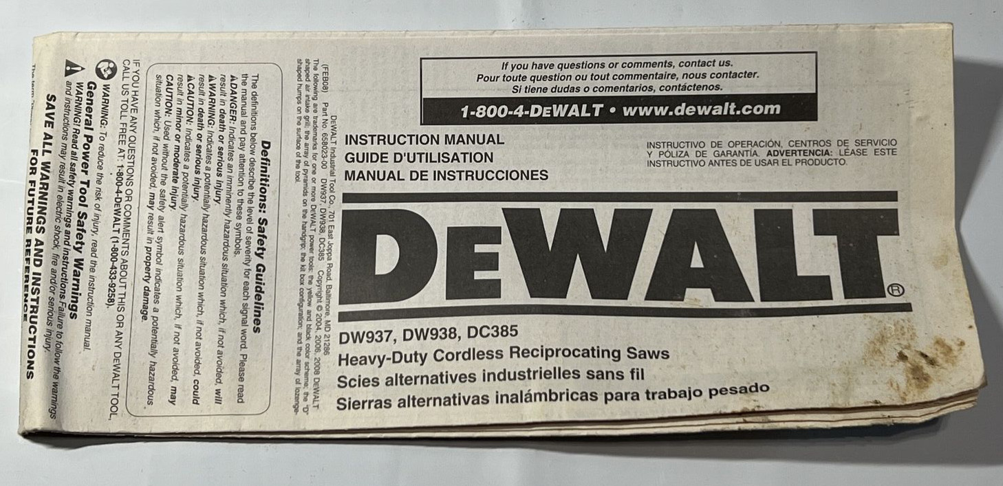 Reciprocating Saw Instruction Manual for Dewalt DW937, DW938...