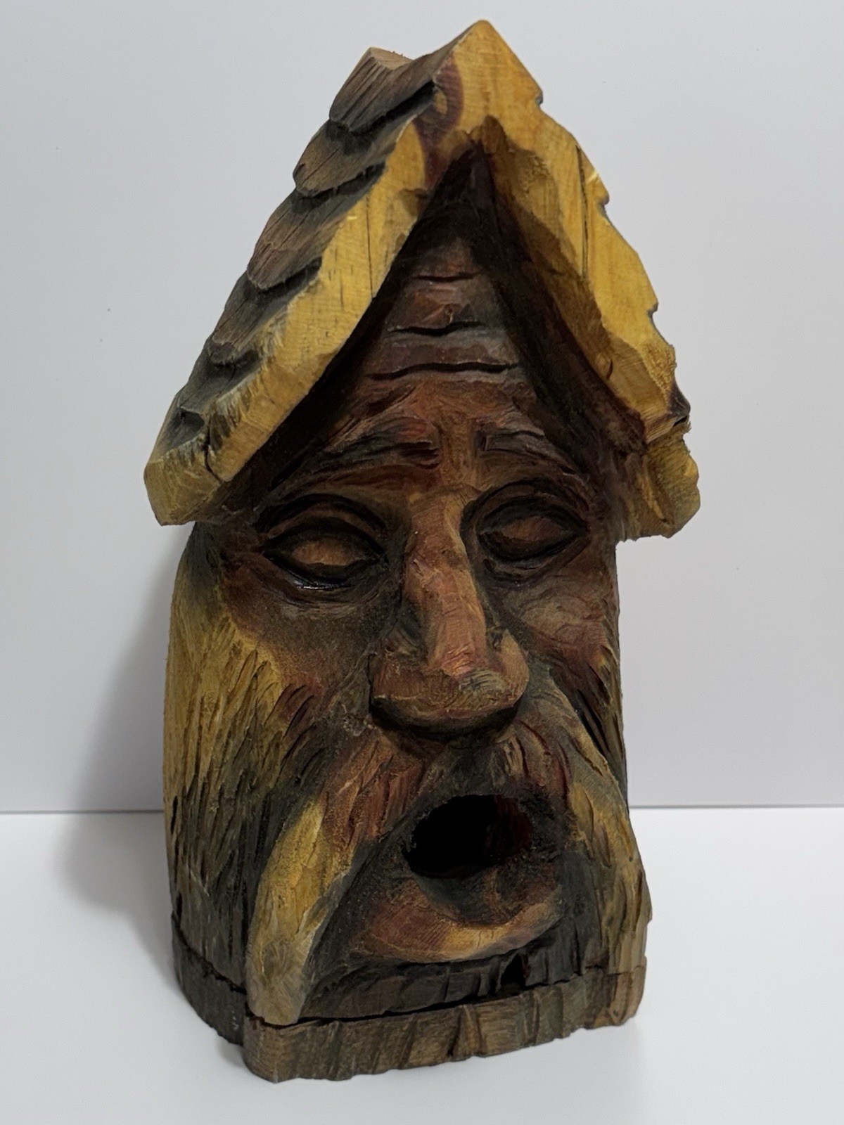 Carved Forest Wood Spirit Old Man Face Dark Cedar Birdhouse