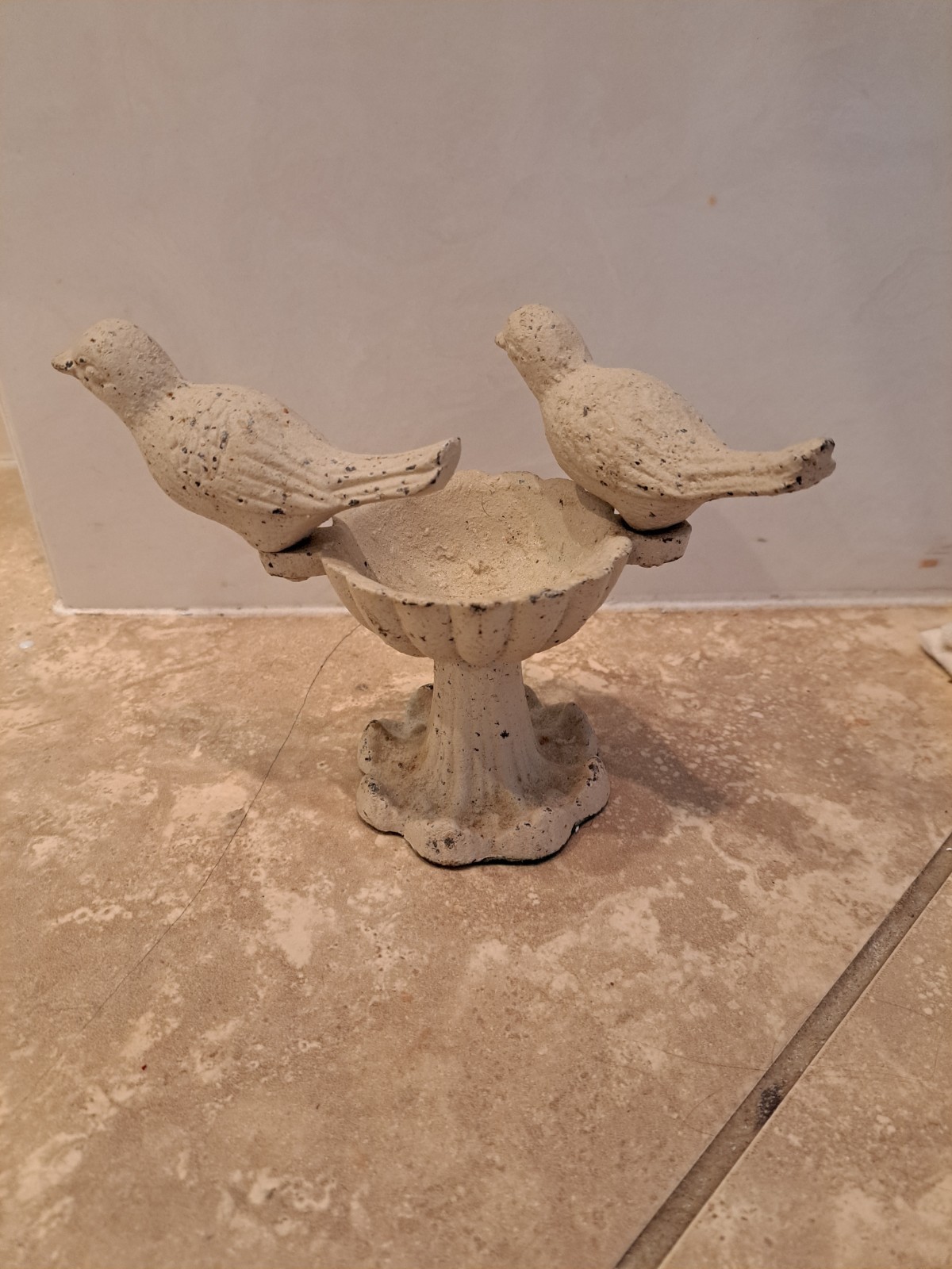 Cast Iron Miniature Bird Bath Feeder - 2 Birds White Rustic