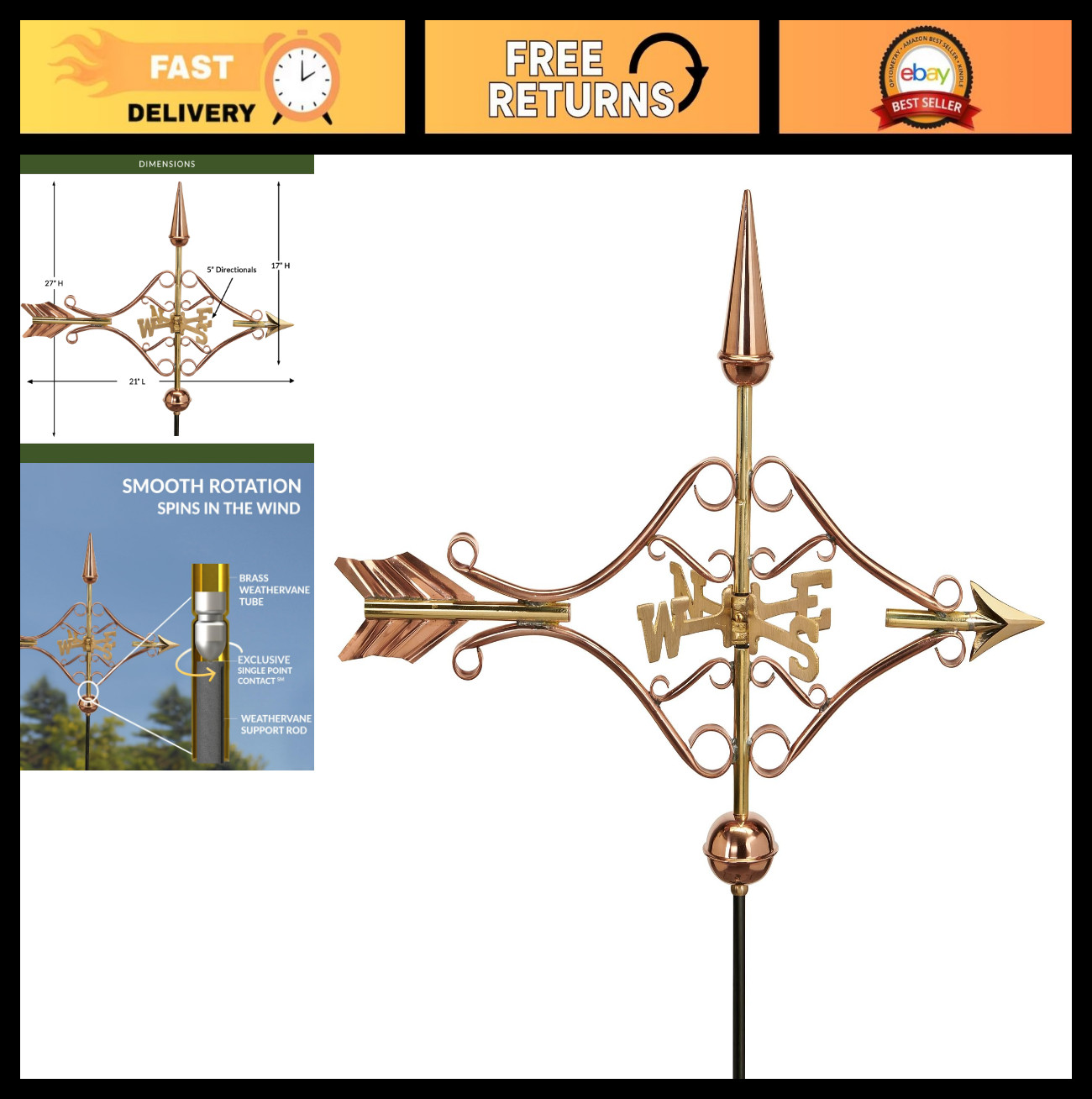 Victorian Arrow Weathervane - Polished Copper Garden Pole Ou...