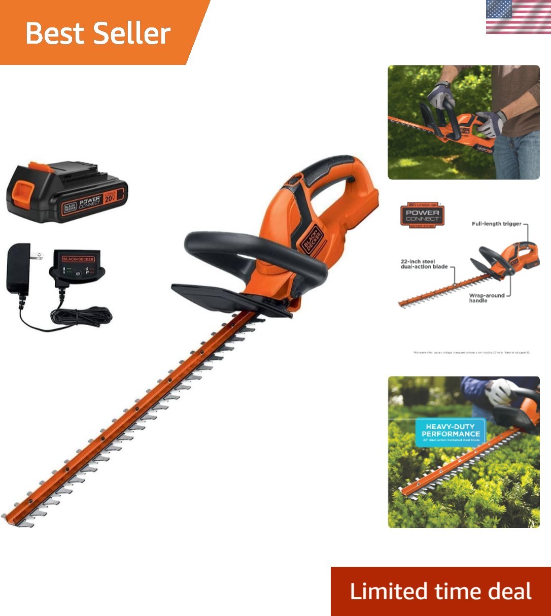 20V MAX Cordless Hedge Trimmer - 22 Inch Steel Blade - Batte...