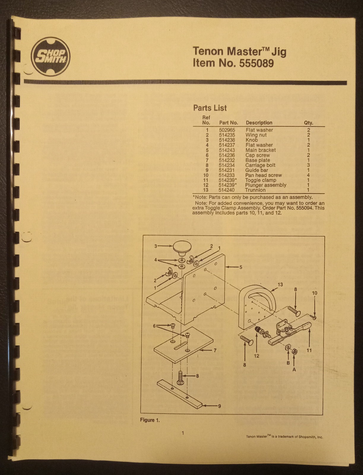Shopsmith Mark V Tenon Master Jig Operator & Instruction Man...