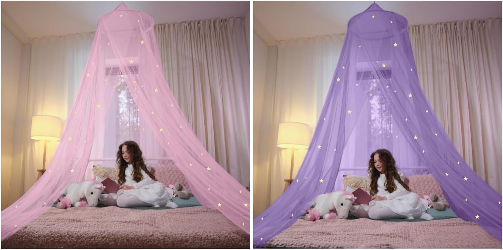 Princess Crib Netting Bed Canopy for Girls with Glowing Star...