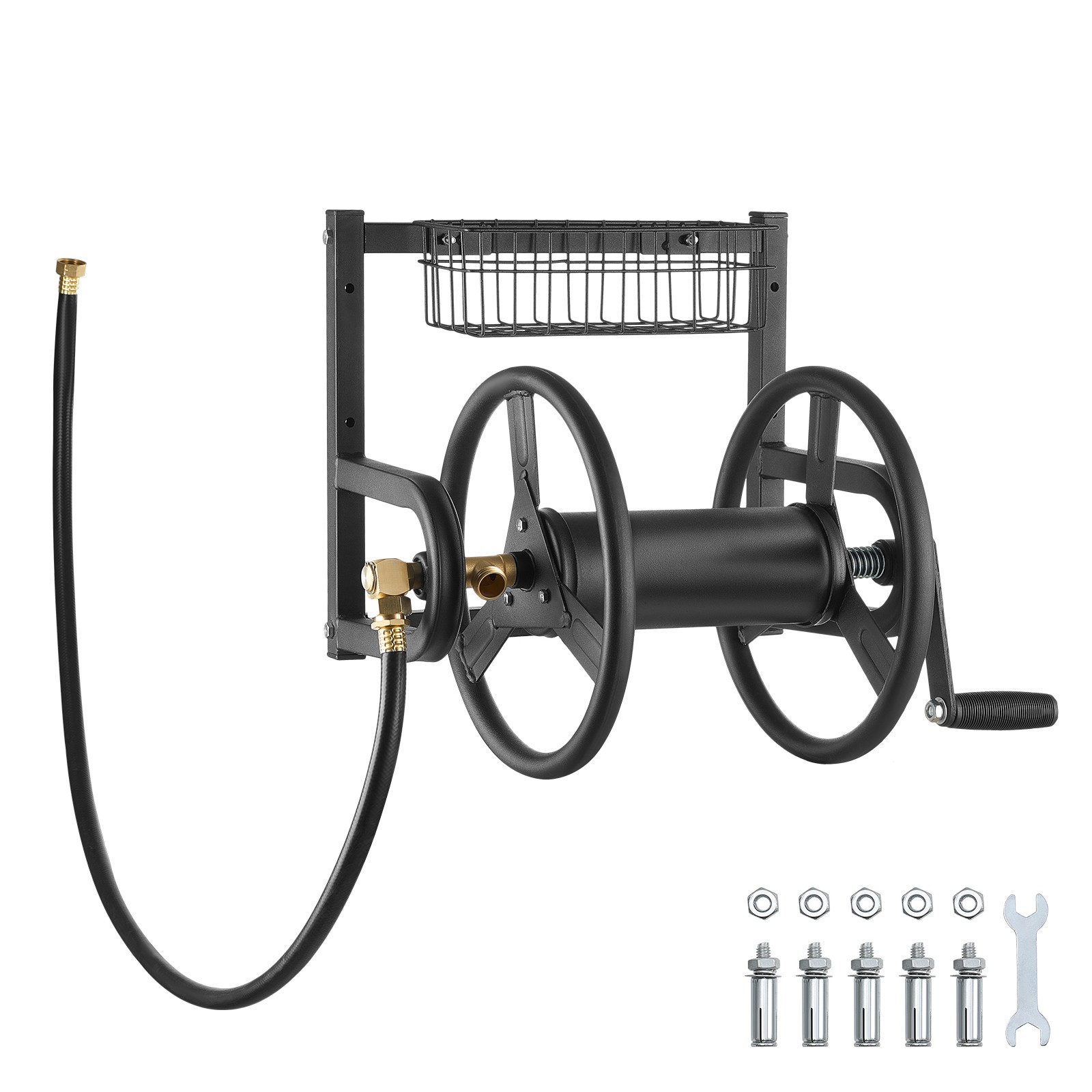 Brass Garden Hose Reel - 125ft Hose Holder with Basket