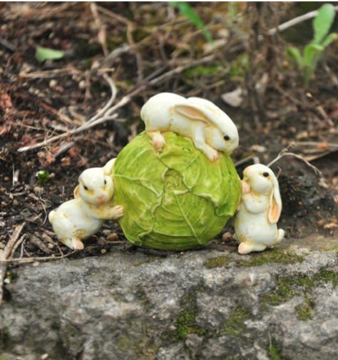 Miniature White Rabbits Rolling Cabbage, Fairy Garden Bunnie...