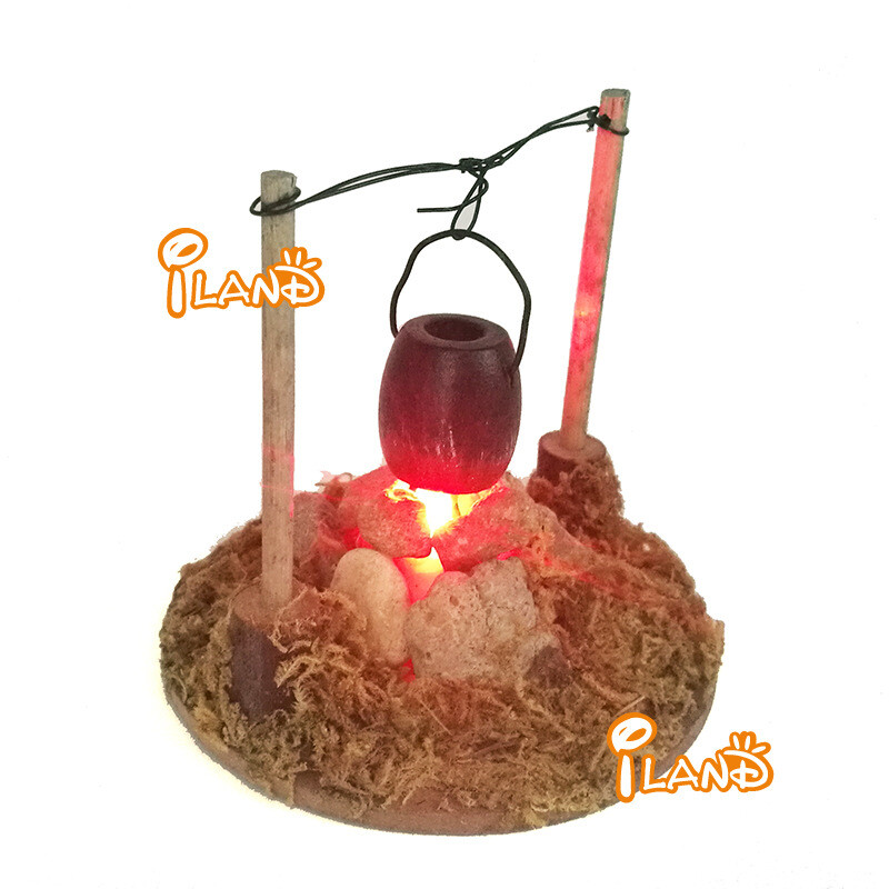 Miniature Dollhouse Fire Pit Garden Set LED Light Cooking