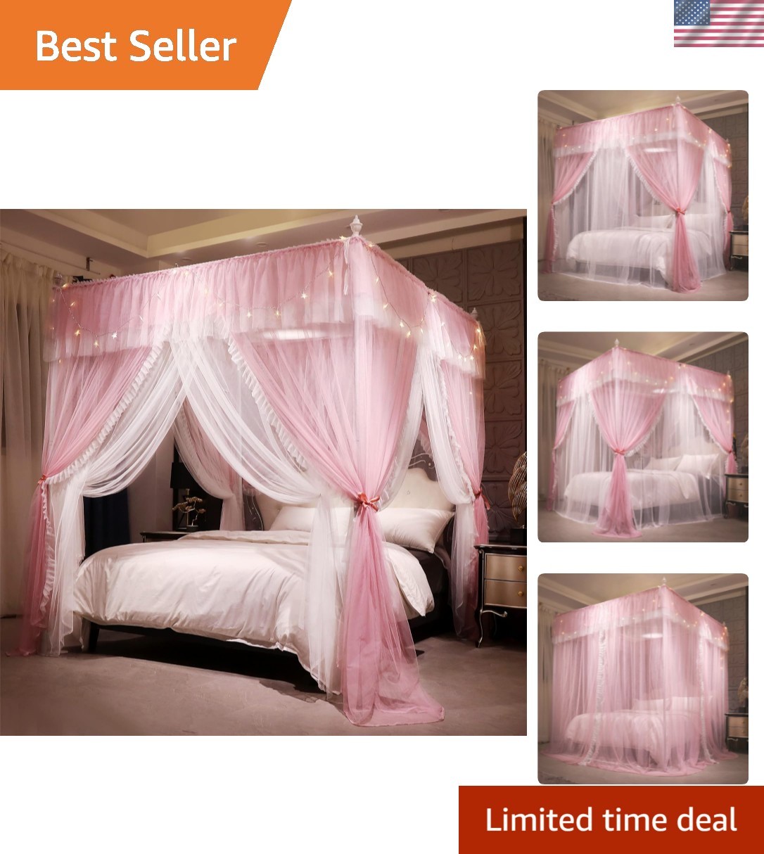 Ruffle Princess Bed Canopy Curtain, Double Layer, 4 Corner P...