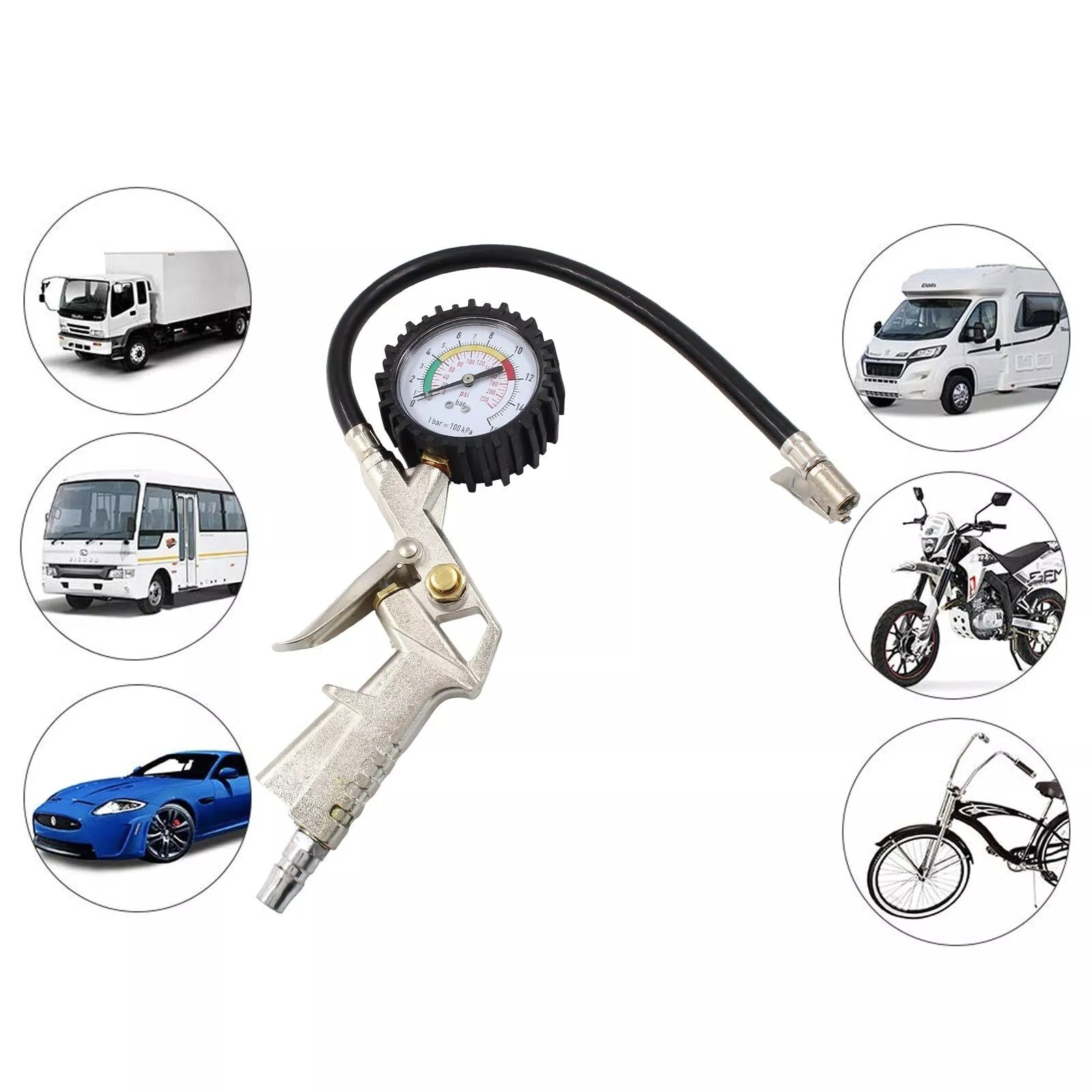 Air Chuck Tire Inflator Gauge 220 PSI Pistol Style Flexible...