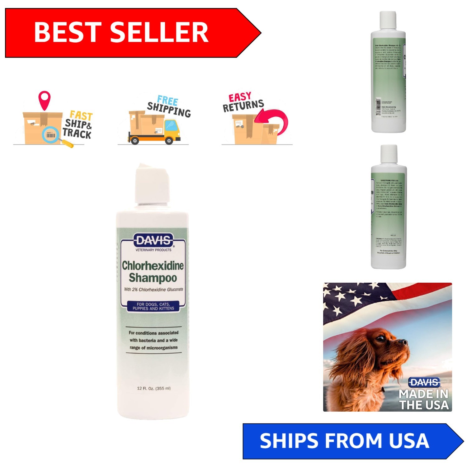 Davis Chlorhexidine Shampoo for Dogs & Cats - Effective Beef...