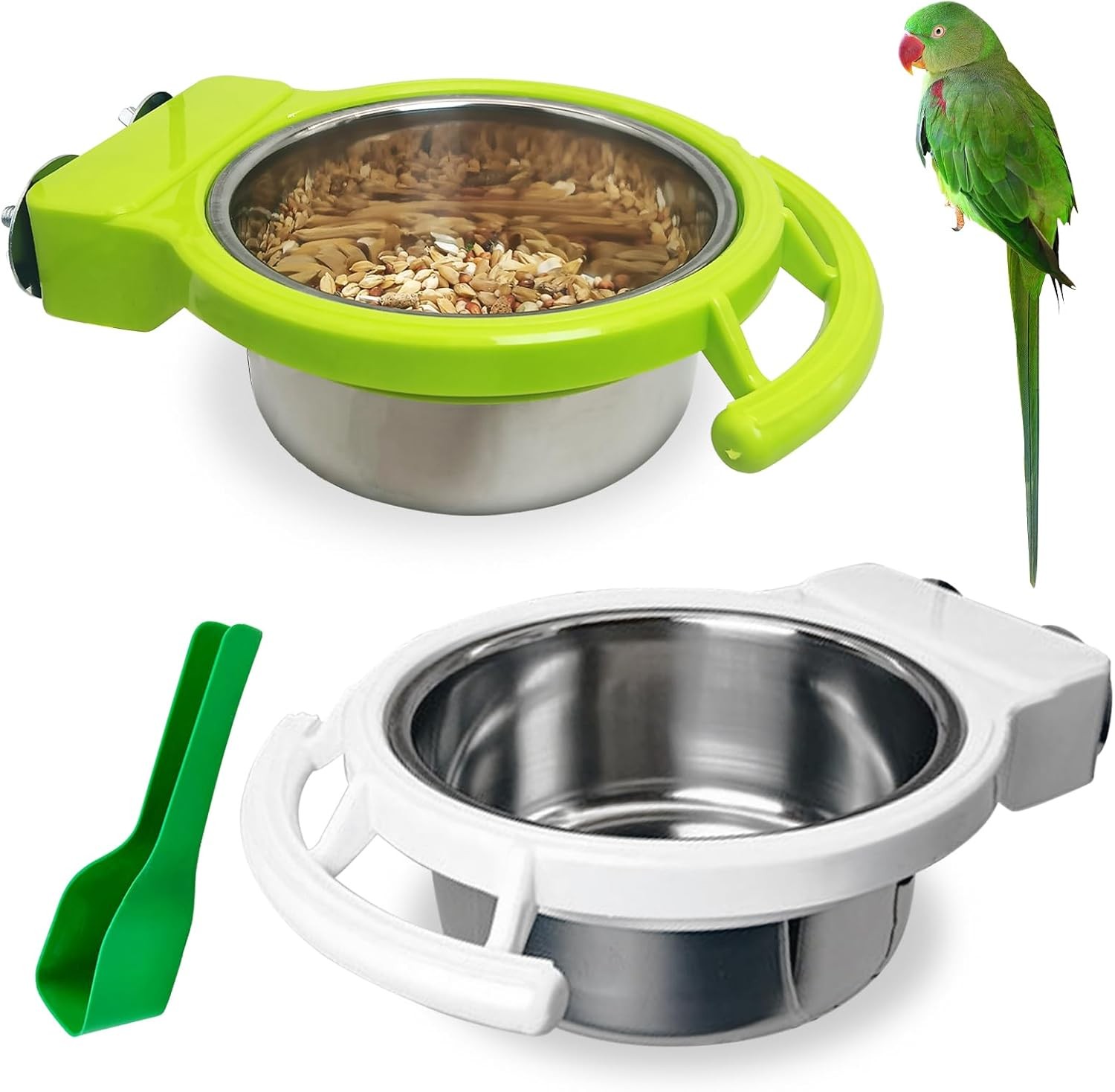 2-Piece Stainless Steel Bird Feeding Dish Cups With Perch St...