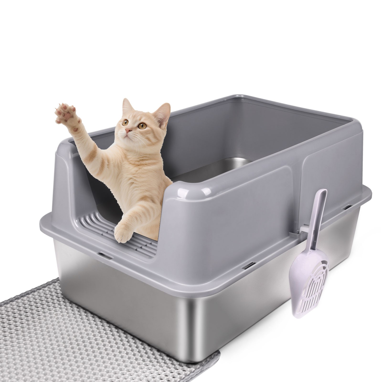 XL Cat Litter Box Stainless Steel Litter Pan Open Top With S...