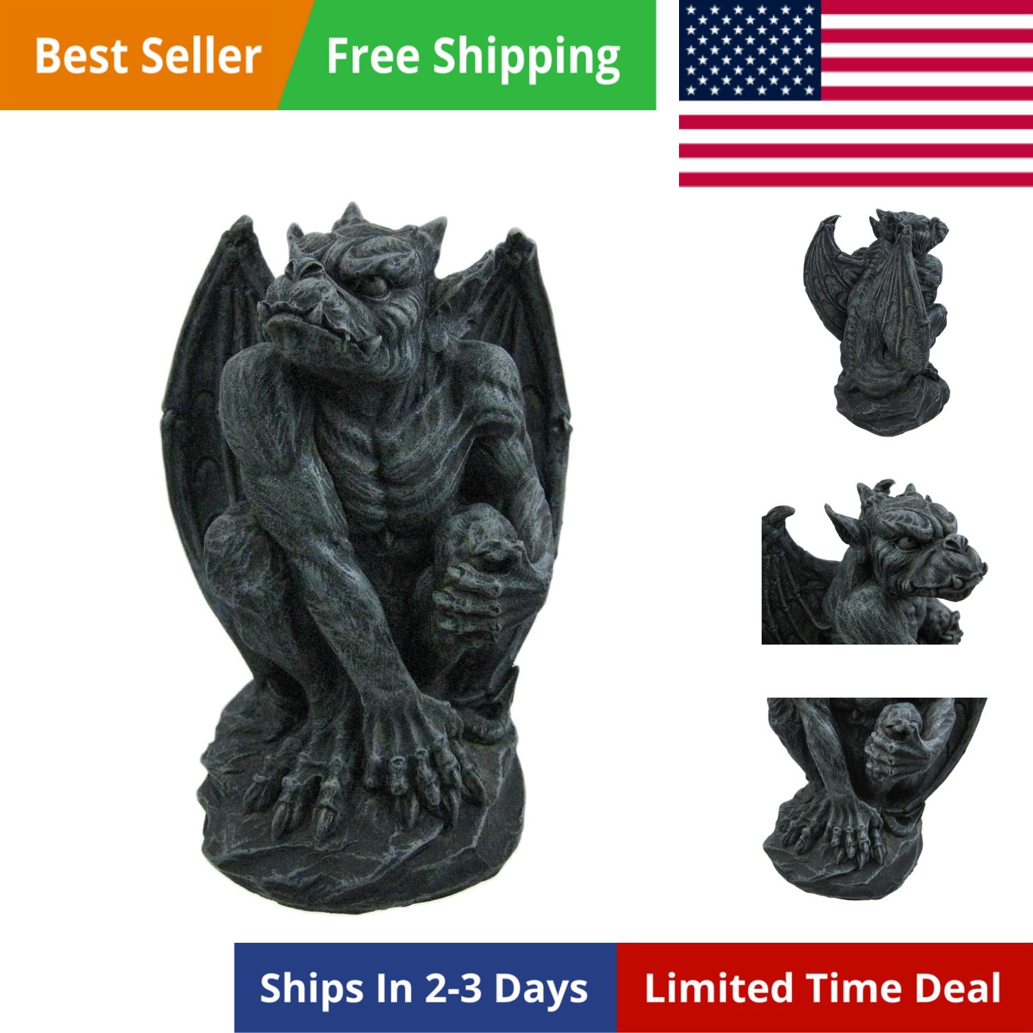 Poised Protector Winged Gargoyle Statue - 12" Weight, 8 lbs