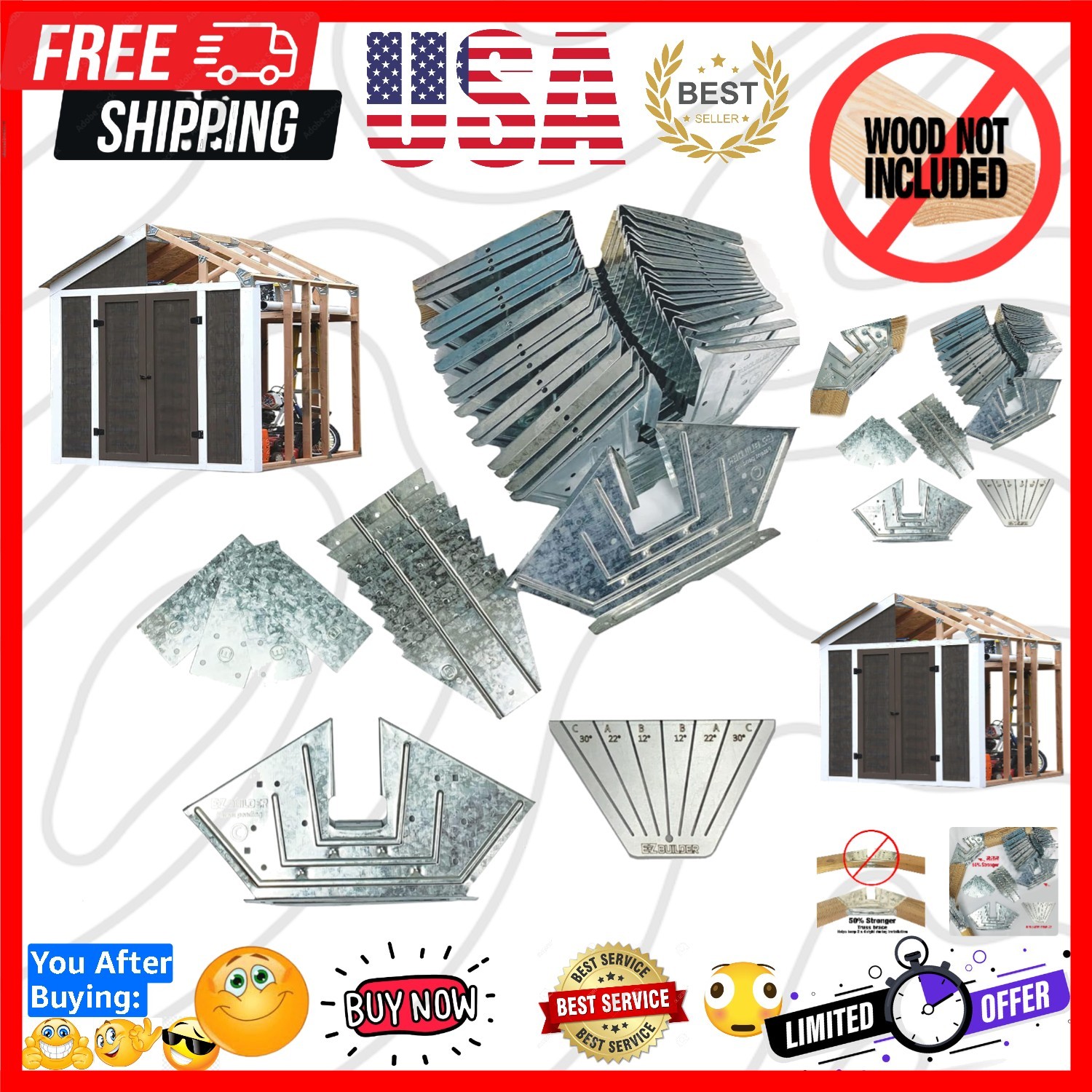 Peak Roof Storage Shed Garage Barn DIY Kit - 7x8 Foot Frame...