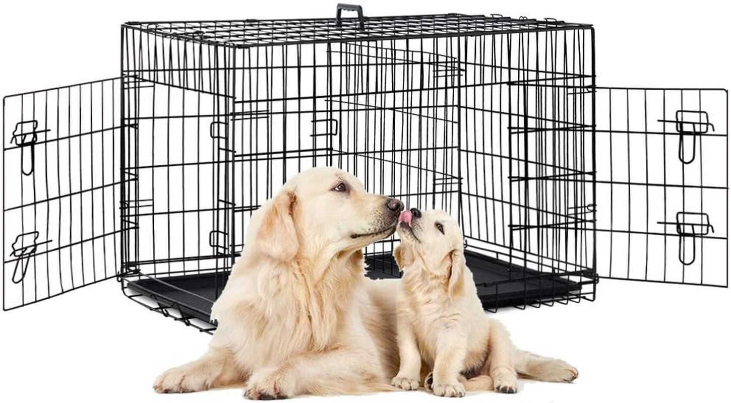 48" 2-Door Pet Folding Suitcase Dog/Cat Crate Kennel with Tr...