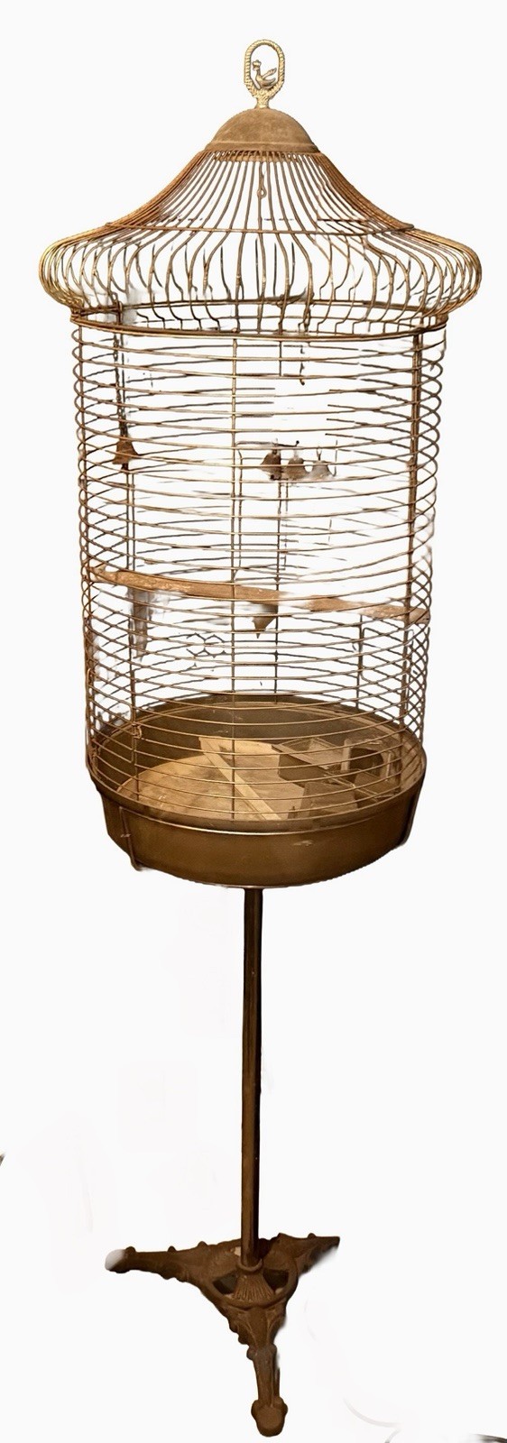 Antique Hendryx Brass Bird Cage with Cast Iron Pedestal Stan...