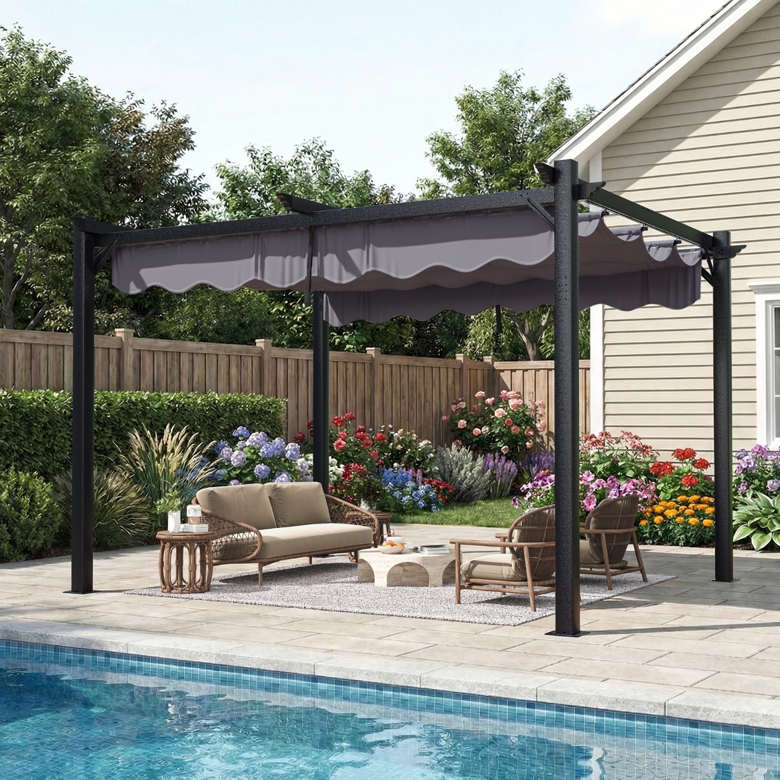 Outdoor Patio Pergola Set - 10x12 FT Black Retractable Sun S...