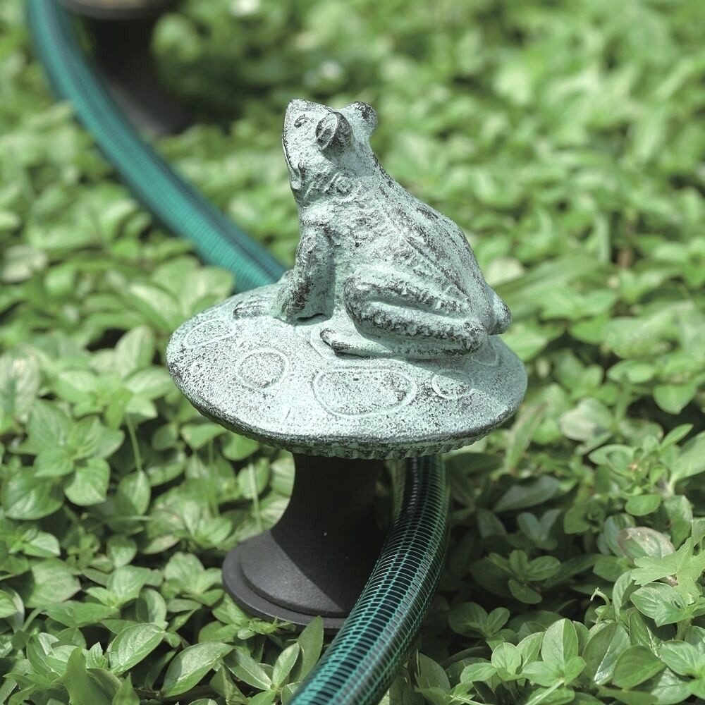 Verdi Green Garden Metal Plant Stake - Frog On Mushroom Hose...