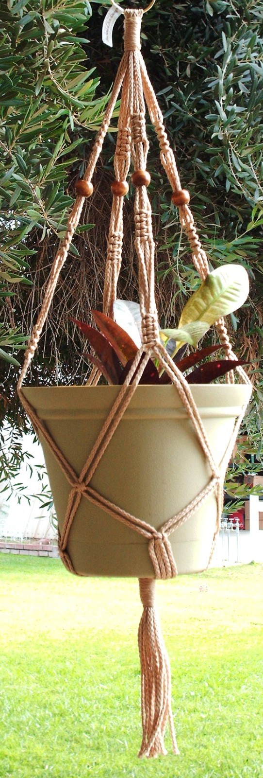 "Vintage Beaded Macrame Plant Hanger, 30" - Choose Cord Colo...