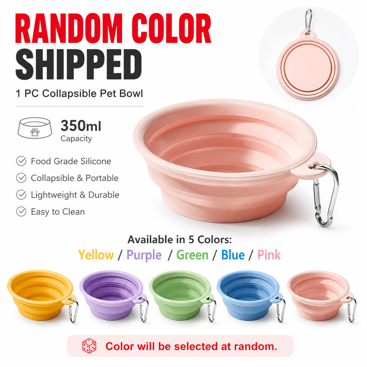 2-Pack Collapsible Silicone Dog Travel Bowls, Random Color
