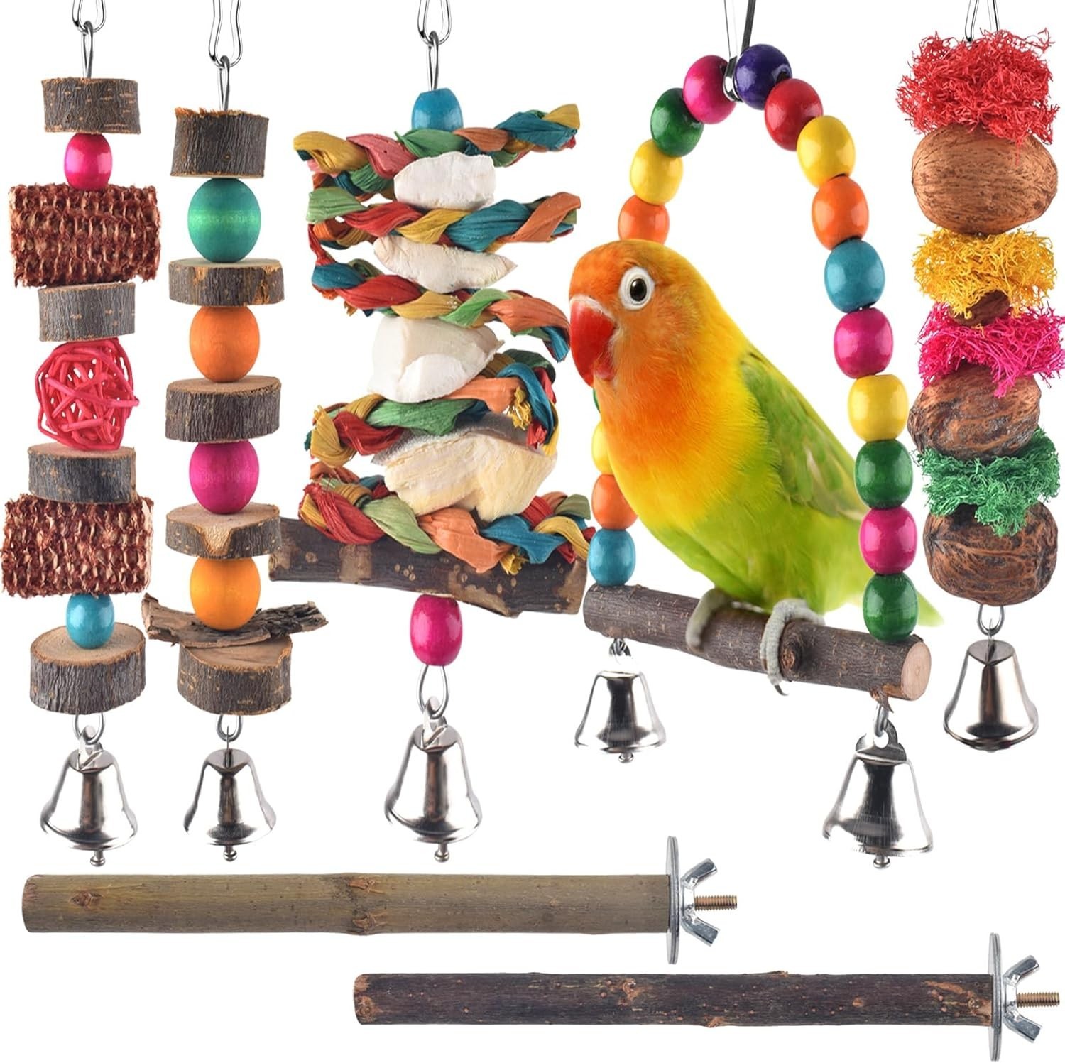 Bird Chew Toys, 7 Pack Parakeet Natural Wood Parrot Hanging...