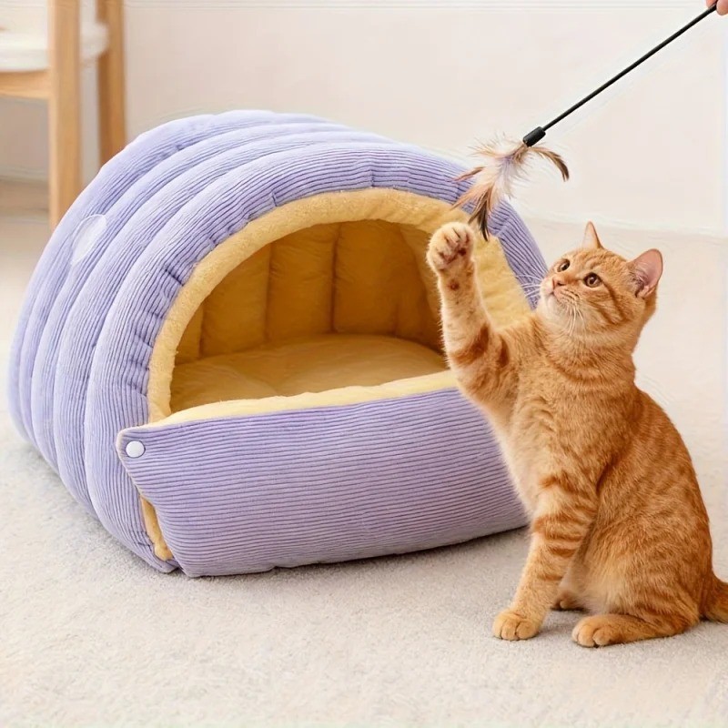 Thermal Cat Cave Winter Warm Plush Enclosed Pet Bed for Cats...