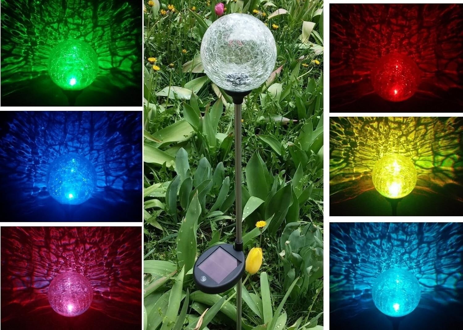 Solar Clear Crackle Glass Ball, Multi-Color Color Changing L...